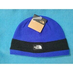 NWT The North Face TNF Blue Black Logo Stripe RECYCLED BEANIE Warm Winter CAP